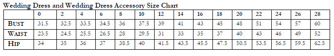 Callista Bridal Size Chart